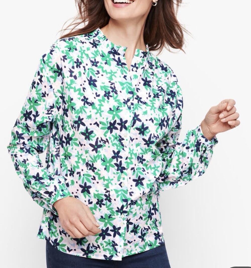 Talbots Womens Floral Cotton Button Front Shirt Long Sleeve Size LP L Petite